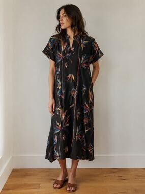 Meg Shop Tropical Floral Midi Dress Kimono Lagenlook Mandarin Art to Wear Small